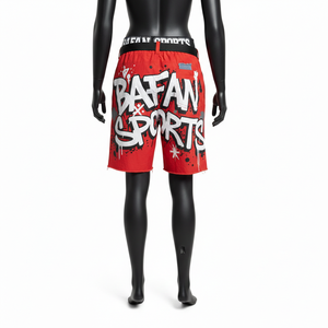 Shorts coupe-vent pour femmes en nylon premium rouge et noir avec empiècements en jean, impression sérigraphique graffiti, logo tissé personnalisé pour femmes - Product Image 2