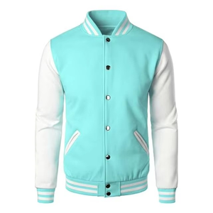 Wool <b>Fabric</b> Varsity Jacket with Ribbed Collar, Contrast Panels, and Full Snap Closure CollegeBaseballjacket for men - Product Image 3