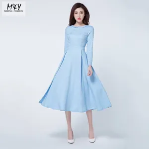 Recién llegado moda ocio azul claro MIDI plisado vestidos primavera manga larga ropa de lino mujer vestido de fiesta