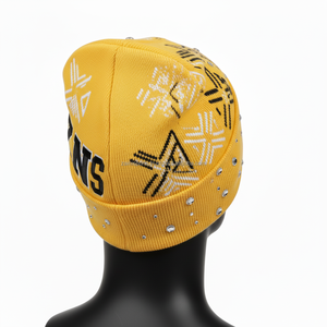 Gorro de gorro Premium para hombre, tejido acrílico elástico cálido, estilo amarillo con tachuelas de diamante, gorro jacquard con logotipo bordado personalizado - Product Image 5
