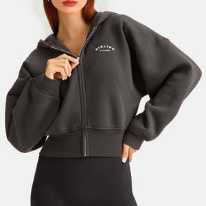 Conjunto de Sudadera con capucha recortada para mujer, forro polar de algodón suave de peso pesado personalizado, conjunto de Sudadera con capucha recortada y joggers con cremallera completa para mujer, estilo de invierno - Product Image 2