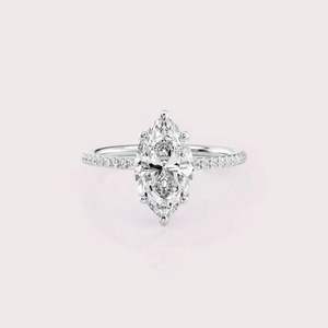 Marquise Cut Lab Grown <b>Diamond</b> Solitaire Engagement Ring with Pavé Band in Solid 925 Sterling Silver - Product Image 1