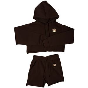 ชุดสเวตเตอร์ผ้าฝ้าย100% โอเวอร์ไซส์สำหรับผู้หญิงชุดสเวตเตอร์เสื้อครอปทรงหลวมมีฮู้ดสองชิ้นชุดสั้นสำหรับผู้หญิง - Product Image 1