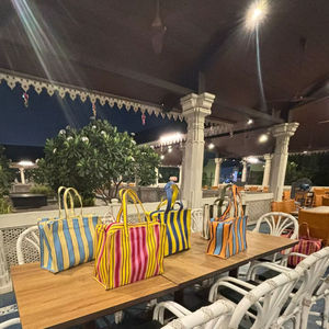 Sac de shopping personnalisé, écologique, grand, réutilisable, en plastique tissé à rayures, imperméable, avec poignée souple, fabriqué à la main, recyclé, pour la plage - Product Image 1