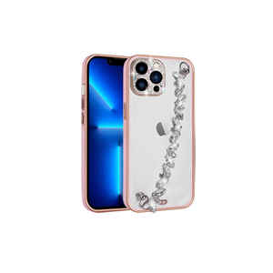 Coque de protection d'appareil photo Netzy de luxe rose ornée de pierres pour iPhone 13 Pro Max, anti-traces de doigts, modèle Promax avec poignée - Product Image 1