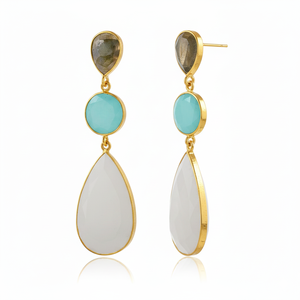 Boucles d'oreilles en quartz fumé et pierre d'eau, argent sterling 925 avec placage or 18 carats, boucles d'oreilles de créateur en forme de poire et de rond - Product Image 2