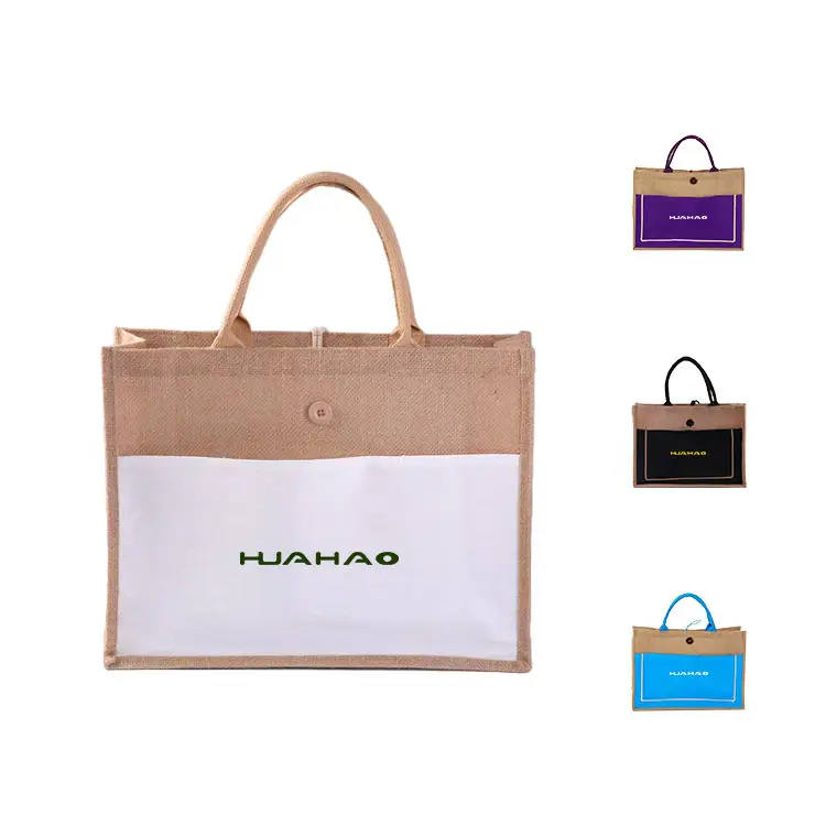 Huahao bolsa de yute sac à main eco réutilisable laminé shopping jute sac fourre-tout imprimé jute gunny bags