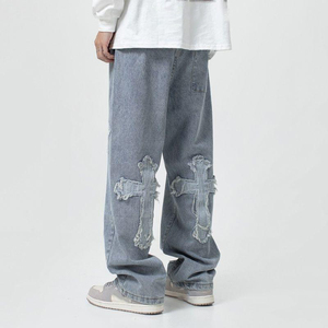 กางเกงยีนส์สำหรับผู้ชายแนวสตรีทสูงผ้าโพลีเอสเตอร์ปักลายแบบรูดผ้าซัก - Product Image 2