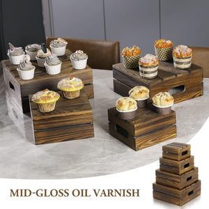 Burnt Wood <b>Cupcake</b> <b>Stand</b> Nesting Cake <b>Stand</b> Appetizer and Dessert Riser Wooden Crate Style Storage Organizer Set of 4 - Product Image 2