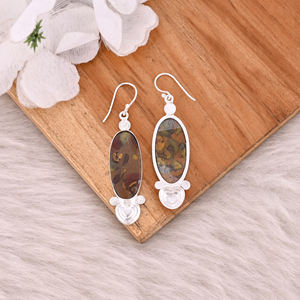 Pendientes Largos Ovalados de Latón Plateado Estilo Clásico Hechos a Mano con Piedra Preciosa de Jaspe Frutal, Fabricante Mayorista - Product Image 4