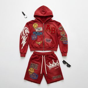 Conjunto de Sudadera con Capucha y Pantalones Cortos para Hombre, Rojo Vintage, Lavado, Transpirable, de Invierno, con Parches y Cremallera, Algodón Grueso, Estilo Urbano, OEM, Marca Privada - Product Image 6