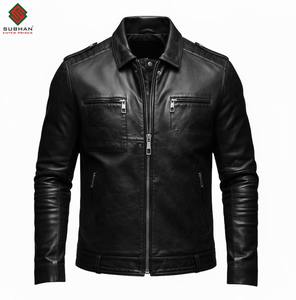 Blouson aviateur en cuir noir uni pour homme, style décontracté d'hiver, col mandarin et service OEM - Product Image 6