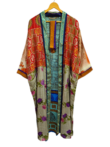 Patchwork Kimono Robe Bikini Cover Up Night Wear Long Robe, Kimono Sari en soie recyclée vintage indien fait à la main, - Product Image 6