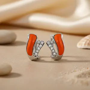Boucles d'oreilles en argent pour femmes avec émail orange et cristaux de zircone cubique - Product Image 1