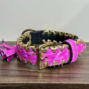 Nuevos collares de perro de piel de vaca metálicos con pelo Real occidental personalizado, collares de perro acolchados de marca de cuero genuino Golden Buck Stitch - Product Image 1