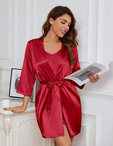 <b>Silk</b> Pajamas for Women 5Pcs Sleepwear Loungewear Satin Robe <b>Cami</b> Shorts <b>Set</b> 95% polyester and 5% spandex sleepwear <b>set</b> - Product Image 3