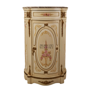 Meuble à chaussures de luxe de style français, crème, avec décor floral peint à la main, accents dorés ornés et plateau en marbre, idéal pour l'entrée d'un palais - Product Image 1