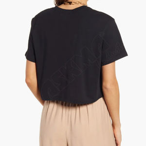 <b>Women's</b> Cotton Tshirt <b>Black</b> Knit Semi-Fitted Crew Neck Slim Crop Top Half Oversize with Custom Logo Breathable Lightweight - Product Image 4