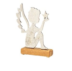 Fabricant de confiance, figurine décorative ange gardien priant dans un cercle en bois de manguier, 19x20x5cm, bois de manguier massif brun - Product Image 1