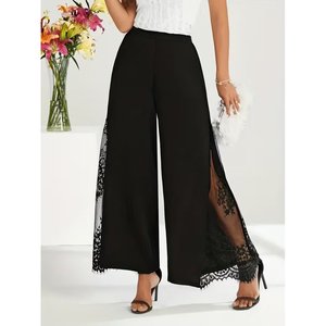 Pantalon en crêpe importé à taille haute pour femme avec bordure en dentelle sur le côté, 36837 - Noir - Product Image 1