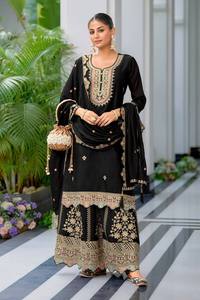 New Fancy Designer <b>Wedding</b> Diwali Party <b>Top</b> Sharara & Dupatta Set in Chinon Silk Wrinkle Free - Product Image 4
