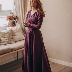Vestido maxi de peso pesado para mujer, Vestido largo de lino para invitados de boda de talla grande, vestido de lino Morado ciruela con cinturón Obi y bolsillos - Product Image 1