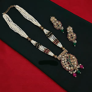 Graceful Gold Plated <b>Long</b> <b>Necklace</b> Set for Women with Sparkling Crystals & Elegant Pearls Perfect for Parties & Ethnic Wear - Product Image 4