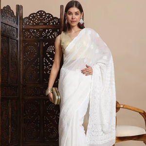 Style traditionnel de qualité supérieure Chikan brodé doux coton Kota Doria blanc sans plis Saree Blouse pièce fête porter indien - Product Image 1