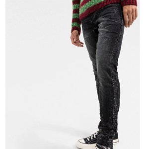 Pantalones vaqueros ajustados negros para hombre con pintura blanca desgastada Touch High Street Stacked Zip Fly Pantalones de mezclilla de estilo recto con servicio OEM - Product Image 2