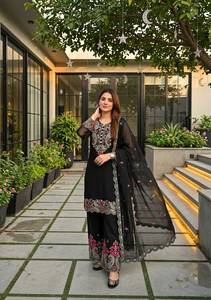 Designer Embroidery Sequence Work And Cut Work Roman <b>Silk</b> Top With Plazzo Bottom And Dupatta Fully Stitched Ready To Wear Set - Product Image 1