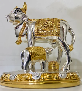 Handmade Resin <b>Gold</b> & Silver Coated Modern Rectangle Cow with Calf <b>Statue</b> Religious Diwali Tabletop Decor - Product Image 6