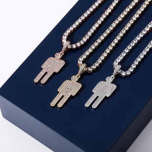 Hip Hop Hipster Shiny Cubic Zirconia Collar Chunky Brass Chapado en oro Hombre Billie Eilish's Iconic Logo Colgante con cadena de tenis - Product Image 6