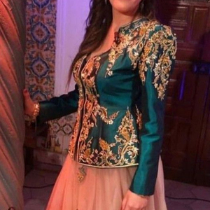 MIDDLE--EAST BEAUTIFUL EMBROIDERY on SEA GREEN JACKET WITH EMBELLISH CRYSTAL BEADS,PEARLS,GLASS STONE WORK for PARTY-WEAR @ 2023 - Product Image 1