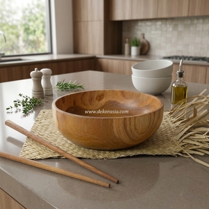 Plateau et ensemble de vaisselle en bois de teck écologique de 7,8 pouces de diamètre avec saladier et assiettes de 2,3 pouces de hauteur, emballé dans un carton - Product Image 5