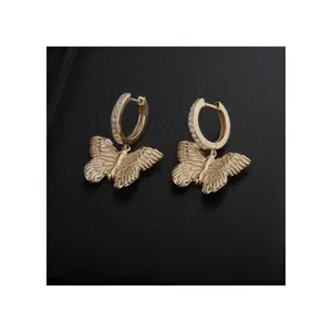 New Collection 14 k Solid Gold Butterfly Diamond Dangle Hoop Earrings Women Gift Jewelry Available At Wholesale Price