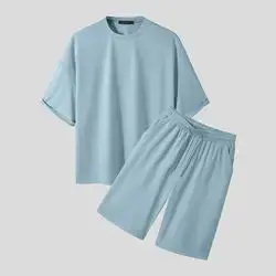 Custom <b>Men's</b> Oversized Polyester Breathable Knitted T Shirt <b>Shorts</b> Set Casual Summer 2 Piece <b>Lounge</b> Wear Tracksuit OEM ODM - Product Image 3