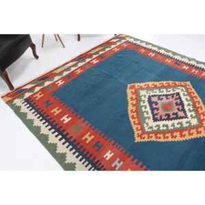 Alfombra Turca Vintage, Alfombra de 7.4x9.5 pies, Alfombra Azul con Puntos Grandes - Product Image 1