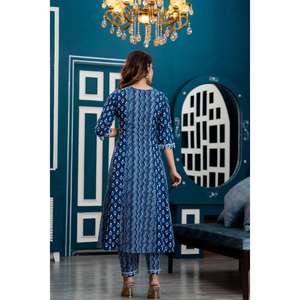 Anarkali Kurta azul índigo para mujer con pantalones y motivos étnicos Dupatta impresos ropa de Festival indio Salwar Kameez para niñas - Product Image 3