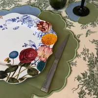 Set de table réutilisable personnalisé en tissu de coton vert et bleu, fait main, bord festonné, brodé, écologique, pour