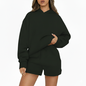 <b>Women</b> Solid Hoodie and <b>Shorts</b> Two Piece Set <b>Loose</b> Fit Casual Outfit Urban Street Style Breathable Comfortable Daily Use - Product Image 1