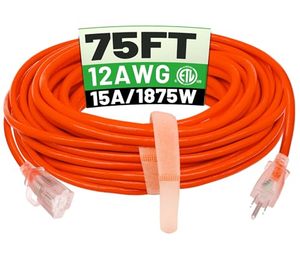 Câble d'extension extérieur de 75 pieds 12 AWG, NEMA 5-15P vers 5-15R, 15A 1875W, homologué ETL, orange - Product Image 1