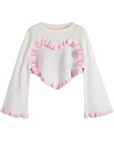 Pull court en tricot blanc et rose personnalisé par le fabricant, design à volants en forme de cœur, manches longues évasées, style coréen mignon, haut tendance