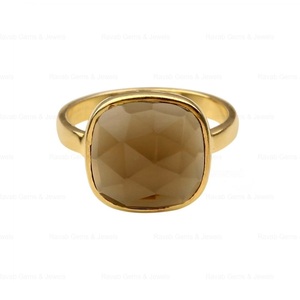 Handmade 925 Silver 18K Gold Vermeil 12mm Natural Smoky Quartz Gemstone Bezel Set <b>Ring</b> Cushion Shape Fine Jewelry <b>for</b> <b>Women</b> - Product Image 1