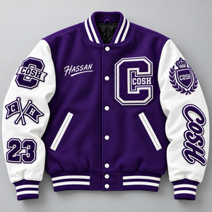 Veste de baseball personnalisée en laine violette et cuir blanc avec broderie de lettres - Product Image 6