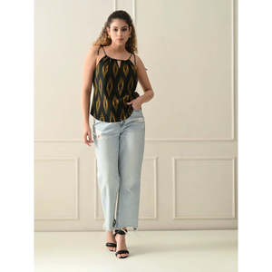 Mustard Glow Ikat <b>Top</b> for Women Breathable Knitted Crop Tank Halter Collar Slim Casual Style One Size <b>Short</b> Clothing - Product Image 5