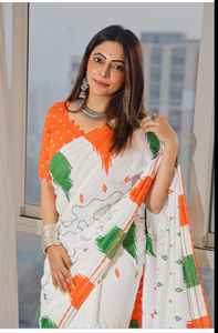 Sari Premium de Lilen para Mujer Adulta con Estampado Tiranga y Patrón Tiranga Dorado en la Blusa de Lilen, Hecho en India - Product Image 4