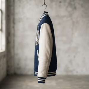 Veste de baseball personnalisée en laine bleu marine avec manches en cuir blanc et patch brodé de qualité supérieure - Product Image 3