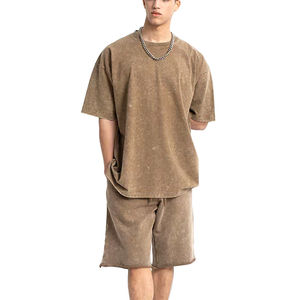 2025, ropa de verano informal de manga corta para hombre, conjunto corto ajustado de lavado ácido de algodón pesado, conjunto de camisetas cortas de 2 piezas - Product Image 1