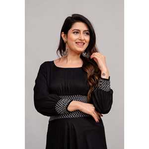 Robe Maxi en rayonne noire Self-Design avec col carré fermeture éclair décor Fit Flare Style taille unique pour la Occasions-SHKUP1353 de jour - Product Image 1