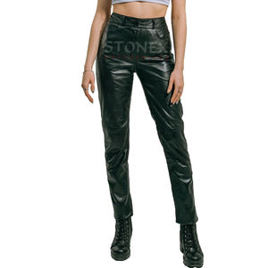 กางเกงหนังแท้สำหรับผู้หญิงกางเกงหนังแกะคุณภาพดีสไตล์คลาสสิกพร้อมกระดุมคาดเอว - Product Image 1